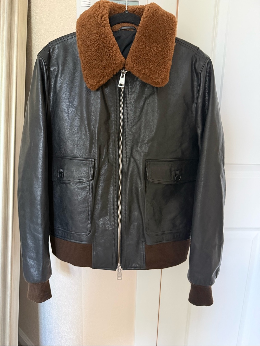 Ami Black Leather Bomber Jacket with Brown Shearling Collar